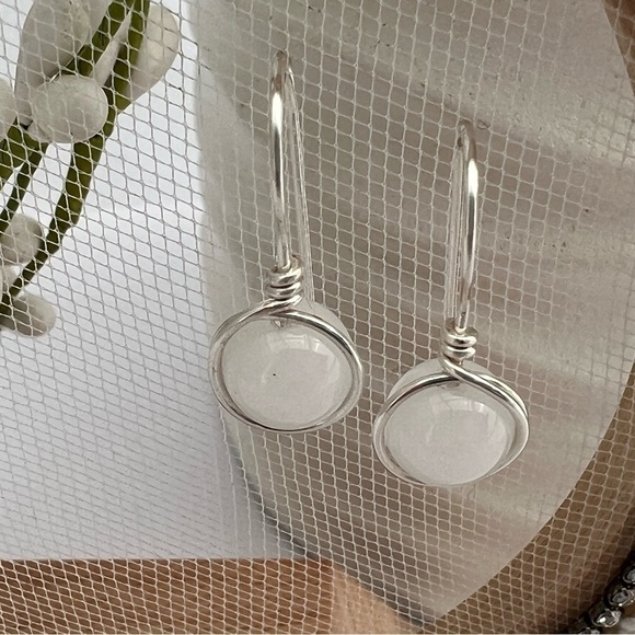 Artisan White Jade and Silver Wire Wrapped Earrings - Picture 6 of 12